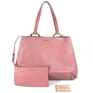 MIUMIU 5BG002 With porch Logo Madras Hand Bag Shoulder Bag Tote Bag Leather pink